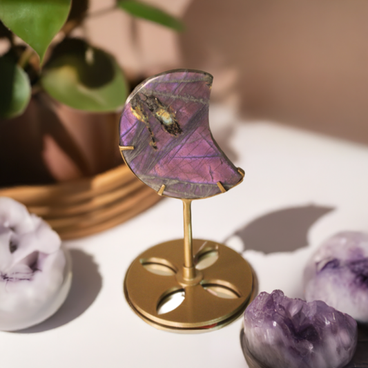 Purple - Pink Labradorite Moon on Stand - Crescentmooncrystals