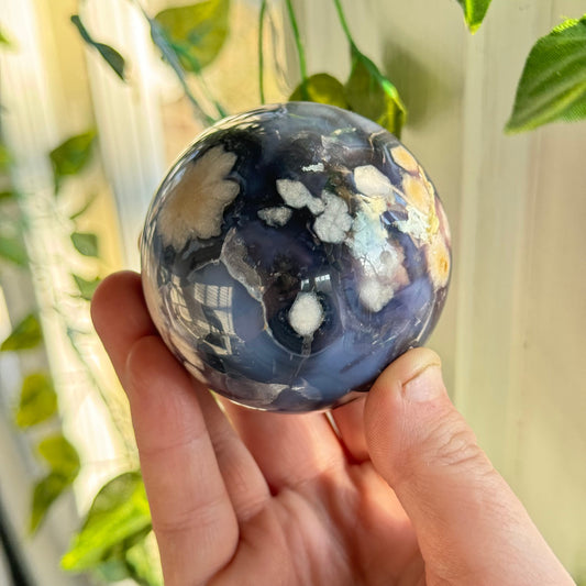 Black Flower Agate Sphere | Natural Cavern | Sakura Black Cherry Blossom Agate | Carved Polished Crystal Sphere | Gift For Crystal Lovers