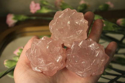 Genuine Gemmy Sphere Holder Rose Quartz Lotus Flower Lily Pad | Soothing Pink Crystal | Spiritual Home Accent | Hand Carved Flower Stone