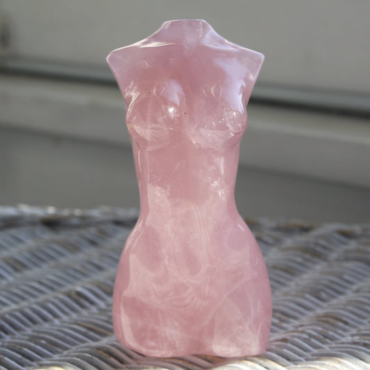 Rose Quartz Goddess Statue | Love and Romance | Hand-Carved | Heart Chakra | Polished Lady Body Carving | Hyaline Quartz