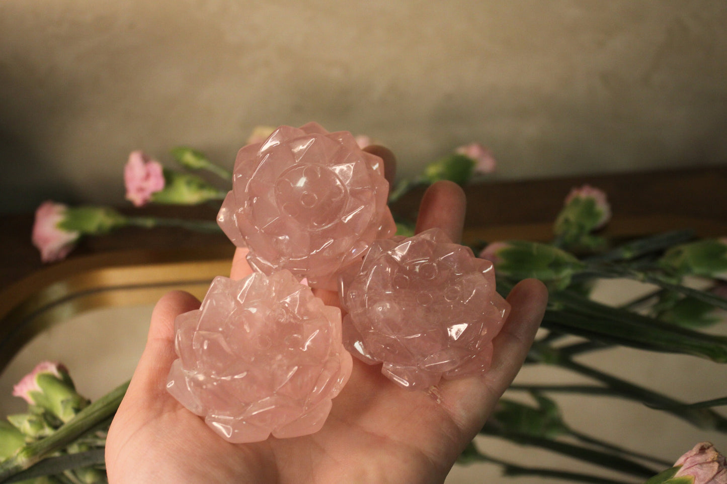 Genuine Gemmy Sphere Holder Rose Quartz Lotus Flower Lily Pad | Soothing Pink Crystal | Spiritual Home Accent | Hand Carved Flower Stone